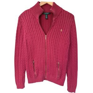 Lauren Ralph Lauren Sweater Womens Large Pink Cable Knit Full Zip Cotton
